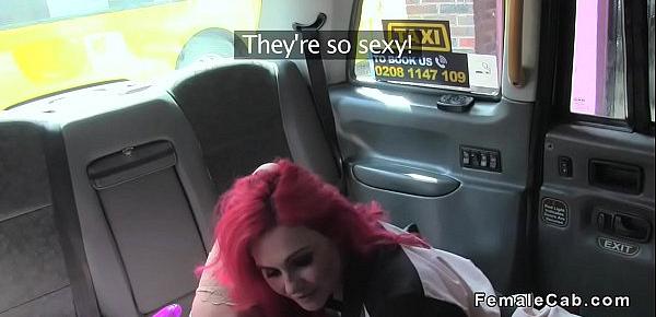  Lesbians fucking double dildo in fake taxi